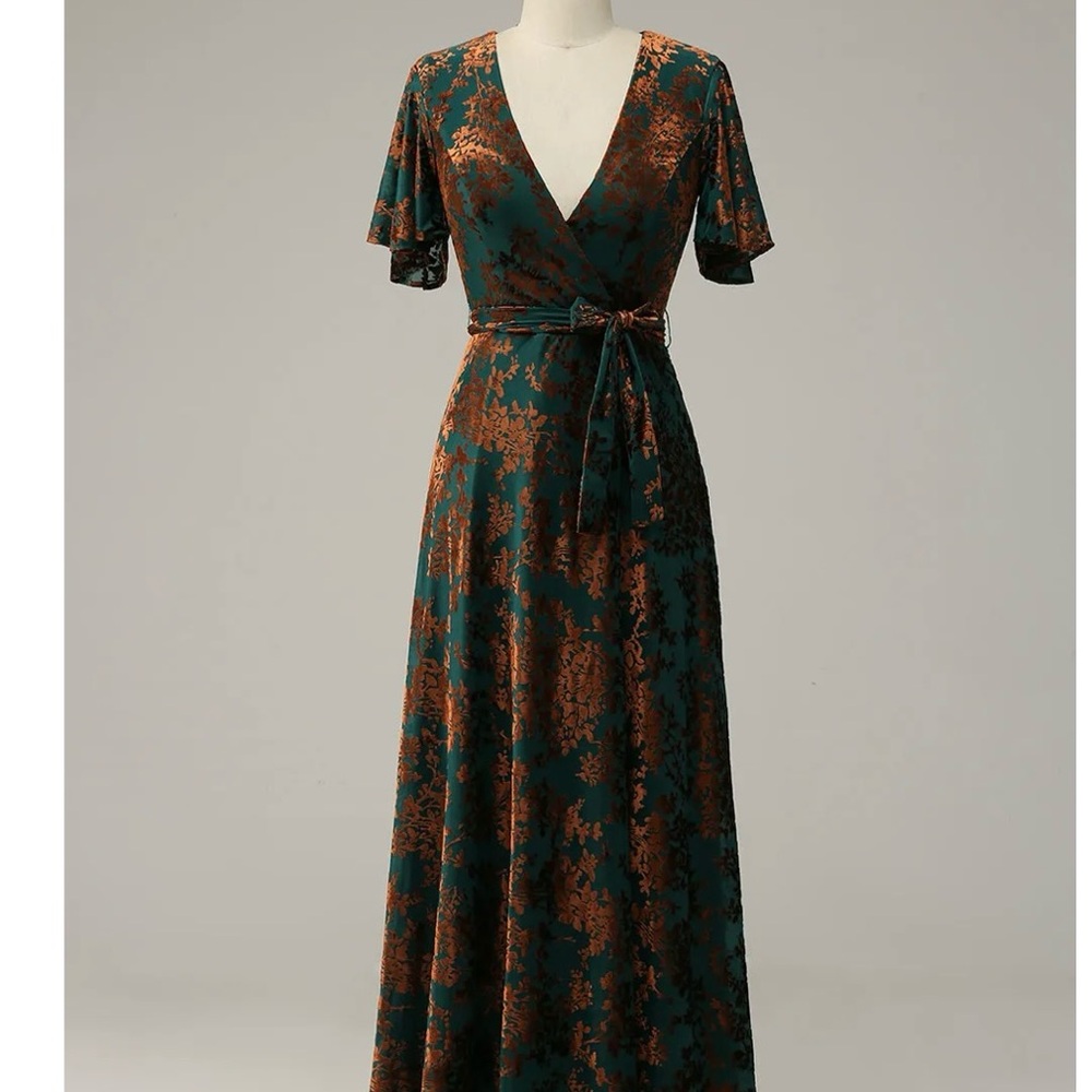 Velvet Burnout Maxi Dress in Green and Copper. Faux wrap. No slit.